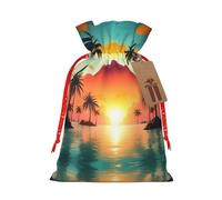 Vuoongt Sunrise - Bolsas de regalo de Navidad con estampado de isla de palmera tropical, reutilizables, bolsas de dulces de Halloween con etiquetas y cierre de cordón