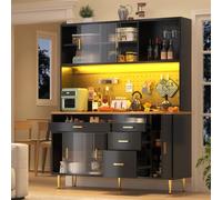 vutizal Armario alto para salón con iluminación LED, sistema de estanterías de altura ajustable, puertas correderas de cristal, solución de almacenamiento modular, armario con botellero, negro, 145 ×