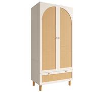 vutizal Armario de estilo rústico blanco con puertas de ratán, estantes ajustables en altura, barra para colgar, cajón grande y sistema de seguridad antivuelco, 180 x 85 x 52 cm, ideal para