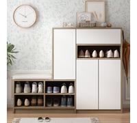 vutizal Armario de pasillo con banco blanco antivuelco y puertas amortiguadoras, zapatero grande con compartimentos ajustables, estantería de almacenamiento para ahorrar espacio