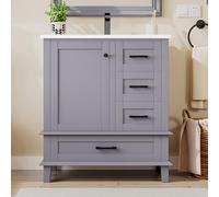 vutizal Armario para debajo del lavabo de 76 cm, lacado completo, 3 cajones silenciosos, estante para puerta, lavabo de cerámica, patas de madera maciza, 76 x 46 x 84 cm