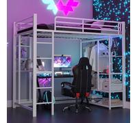 vutizal Cama alta 90 x 200 cm con escritorio y armario - Cama individual multifuncional de metal para ahorrar espacio con estantería y escalera, color blanco, soporta hasta 120 kg