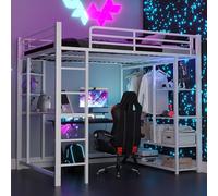 vutizal Cama alta de 140 x 200 cm, cama doble con escritorio, cama grande de metal con barra y estante, diseño que ahorra espacio, color blanco, capacidad de carga de 120 kg