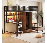 vutizal Cama alta de 140 x 200 cm con escritorio y armario | Cama de metal LED controlable por aplicación con espacio de almacenamiento | para habitaciones juveniles y habitaciones pequeñas | color