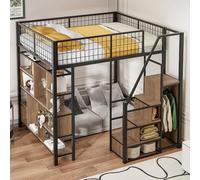 vutizal Cama alta de 140 x 200 cm con espacio de almacenamiento y armario, color negro, para habitaciones juveniles y habitaciones pequeñas, cama de metal resistente, sin colchón