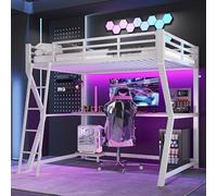 vutizal Cama alta de 90 x 200 cm, color blanco con escritorio y espacio de almacenamiento, cama de metal con barandilla de seguridad, para habitaciones pequeñas y jóvenes