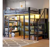 vutizal Cama alta de 90 x 200 cm, color negro, con escritorio y bandeja para ordenador para oficina en casa, cama de metal con espacio de almacenamiento, ideal para espacios pequeños