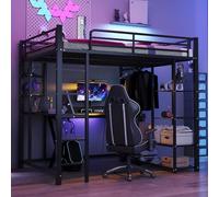 vutizal Cama alta de metal de 140 x 200 cm, con escritorio y armario, multifunción, cama doble o grande, espacio de almacenamiento optimizado, color negro, soporta 120 kg