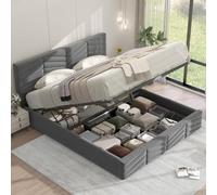 vutizal Cama funcional hidráulica tapizada, 160 x 200 cm, color gris, diseño de rayas de terciopelo, somier de láminas de 300 kg, cabecero ajustable, estructura estable