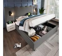 vutizal Cama tapizada de 180 x 200 cm con almacenamiento hidráulico, lámpara de lectura 360°, base de carga USB-C, cabecero ondulado, somier de láminas de madera maciza, color gris lino