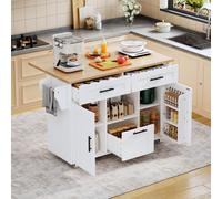 vutizal Carrito de cocina móvil 120 x 46 x 90 cm con ruedas universales de 360°, bandeja plegable, barra para toallas, estantería con cajones, MDF blanco, estilo nórdico moderno