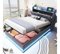 vutizal Cuna de 90 x 200 cm con iluminación LED RGB, estación de carga USB, almacenamiento hidráulico, cabecero plegable, tela de lino gris, marco de metal