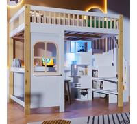 vutizal Estructura de cama alta con espacio de almacenamiento, cama familiar, 140 x 200 cm, color blanco natural, estantería LED para escritorio, diseño de ventana de seguridad, habitación de hermanos