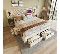 vutizal Juego completo de cama tapizada, 160 x 200 cm, con espacio de almacenamiento y cabecero, estructura de cama con 2 mesitas de noche, 4 cajones, estación de carga USB y luz de lectura