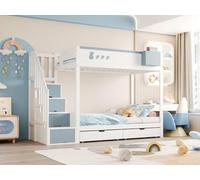 vutizal Litera infantil 90 x 200 cm con escalera y cajones, diseño de conejo, cama alta de madera maciza, incluye 2 somieres, color blanco y azul