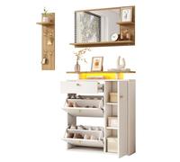 vutizal Perchero estrecho con espejo e iluminación LED, zapatero con banco, juego de 3 piezas con perchero, color blanco/madera, 105 x 25 x 151,5 cm