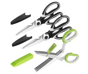 Vutyvve Tijeras de Cocina, Tijeras Multiusos para Carne y Aves, Tijeras Multi-Bordes, Hojas de Acero Inoxidable, 2 Tijeras de Cocina Negras 1 Verde, Juego de 3 Piezas