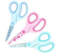 Vutyvve Tijeras estampadas para niños, tijeras de seguridad con puntas redondeadas para manualidades infantiles, hojas de acero inoxidable, mangos suaves, rosa, azul, verde frutal 3 pares