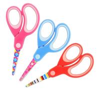 Vutyvve Tijeras para zurdos, tijeras de seguridad para niños, cuchillas de acero inoxidable, empuñaduras suaves, para uso con niños de 3 años en adelante, rosa, azul, rojo, paquete de 3 pares