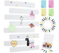 Vuzvuv 8 tiras de corcho blanco con 50 chinchetas y notas adhesivas, tiras autoadhesivas para tablón de anuncios, sin daños para la pared, tablero de fieltro para pegar notas, fotos, horarios,