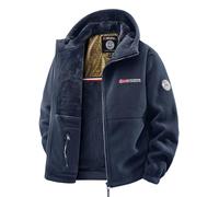 VVAULT Chaqueta con capucha de forro polar de doble capa, unisex, ultra cálida, chaqueta de sherpa con cremallera completa para hombre, chaqueta táctica con bolsillos, azul marino, XXL