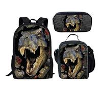 VVCPVDXCI 3 mochilas escolares para niños y niñas, diseño de dinosaurio, estampado 3D, para estudiantes, adolescentes, niños y niñas, Black, M