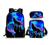 VVCPVDXCI Cool Wolf on The Moon - Mochila de 3 piezas con impresión 3D para estudiantes, mochila para laptop, bolsa de almuerzo para hombro, estuche para lápices, Black, M