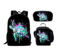 VVCPVDXCI Juego de mochila de tortugas marinas, lonchera personalizada para niños y niñas, 3 piezas, mochilas escolares para adolescentes, Black, M