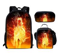 VVCPVDXCI Mochila escolar con diseño de caballo de fuego, estampado 3D, para niñas y niños, 3 piezas, bolsa de almuerzo, Black, M