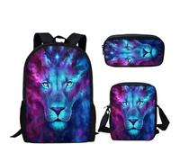 VVCPVDXCI Mochila escolar con estampado 3D de león colorido para niños y niñas, 3 unidades, mochila para adolescentes con bolsa de almuerzo y estuche para lápices, Black, M