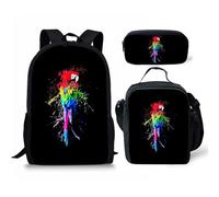 VVCPVDXCI Mochila escolar con estampado floral 3D de loro, 3 piezas, mochila para laptop, adolescentes, niños, niñas, bolsa de almuerzo, estuche para lápices, Black, M