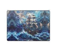 VVXBHGR Alfombra con estampado de barco pirata en las olas de 80 x 58 pulgadas para sala de estar, oficina, mesa de café, cama, balcón, suave, esponjosa, absorbente de agua, duradera