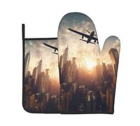 VVXBHGR Avión volando sobre edificios altos, juego de dos piezas de guantes resistentes al calor de alta gama y almohadillas de aislamiento para cocinar