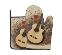 VVXBHGR Juego de dos piezas de guantes resistentes al calor de alta gama y almohadillas aislantes para cocinar con estampados de guitarra en las flores