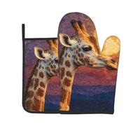 VVXBHGR Juego de dos piezas de guantes resistentes al calor de alta gama y almohadillas de aislamiento para hornear de jirafa mirando la luna