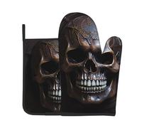 VVXBHGR Juego de dos piezas de guantes resistentes al calor y almohadillas de aislamiento de alta gama para hornear con estampado de calavera de color cobre