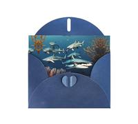 VVXBHGR Tarjeta de felicitación azul con diseño de cheques en blanco y perlas, hermoso bloque de notas en blanco con estampado de tiburones bajo el mar