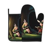 VVXBHGR The Elf of Learning Magic Books Prints Kitchen Baking Juego de dos piezas de guantes resistentes al calor de alta gama y almohadillas de aislamiento para cocinar