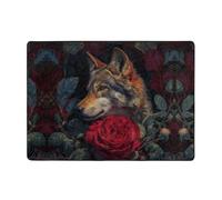 VVXBHGR Wolf among the red roses - Alfombra de área de 80 x 58 pulgadas para sala de estar, oficina, mesa de café, cama, balcón, suave, esponjosa, absorbente de agua, duradera
