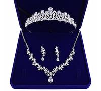 VVXXMO Boda Nupcial Cristal racimo Collar de circón Pendientes Colgantes Corona Tiara Conjunto de Joyas con Caja de Regalo (Plata/Oro) Conjunto de Joyas Nupciales para Bodas Dorado Plateado Simple
