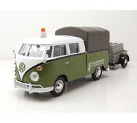 VW T1 Bus Plataforma Lona Verde Blanco con Remolque Coche Modelo 1:24 MotorMax