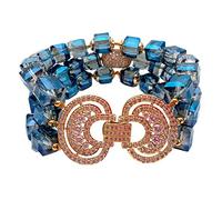 VWWJCCRO 3 Strands Faceted Cube Shape Blue Crystal Cubic Zirconia Pave Bead Bracelet 8.5"