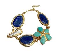 VWWJCCRO Blue Faceted Chunk Flower White Biwa Pearl With Electroplated Edge Bracelet