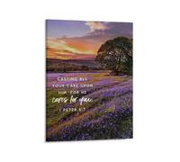 VWWJCCRO Christian Gift Idea, 1 Peter 5:7 Inspirational Canvas Print, “Cast Your Cares” Wall Decor for Her, Farmhouse Living Room, Bedroom(Framed,08x12inch(20x30cm))
