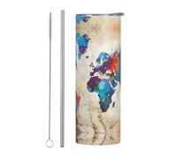 VXXNlnn Juego de dos tazas de acero inoxidable con pajilla - 20 onzas con diseño abstracto de mapa del mundo con asa, tapa - Vaso portátil caliente y frío