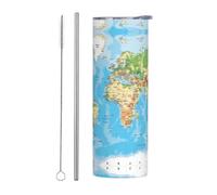 VXXNlnn Juego de dos tazas de acero inoxidable con pajilla - 20 onzas con diseño de mapa del mundo, vaso aislado con asa, tapa - Vaso portátil caliente y frío
