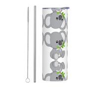 VXXNlnn Juego de dos tazas de acero inoxidable con pajilla - 20 onzas con estampado de koala de hoja verde con asa, tapa - Vaso portátil caliente y frío