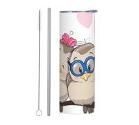 VXXNlnn Juego de dos tazas de acero inoxidable con pajilla - 20 onzas con estampado de pájaros de amor con asa, tapa - Vaso portátil caliente y frío