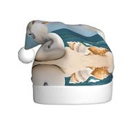 VXXNlnn Sombrero festivo de Navidad para adultos, sombrero de Papá Noel unisex con muñeco de nieve con conchas de mar sentado en la playa de arena (1) diseño impreso, perfecto para Navidad, fiestas de