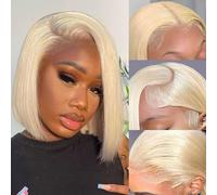 VYCRAVE Peluca de cabello humano rubio 613 corto estilo Bob de 13 x 4 pulgadas, encaje frontal transparente HD, prearrancado con abuelitos, pelucas de cabello humano sin pegamento, densidad del 180